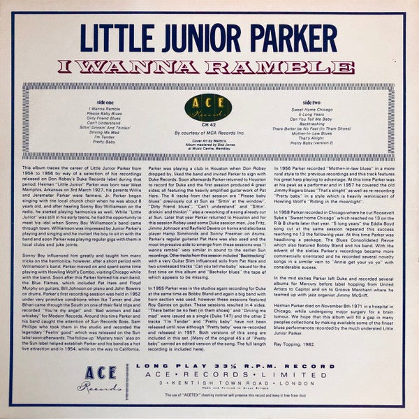 Image of Back Cover of LP - VG/VG - LITTLE JUNIOR PARKER AND THE BLUE FLAMES, I Wanna Ramble (Ace; CH 42, UK 1984), Strong VG throughout. Some very light fogging to disc. Price written on sleeve.,  - 3315095C