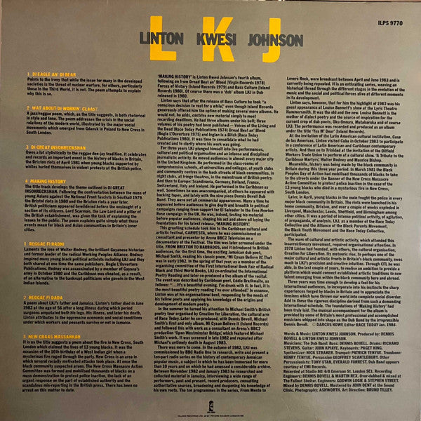 Image of Back Cover of LP - VG+/VG+ - LINTON KWESI JOHNSON, Making History (Island Records; ILPS 9770, UK 1984, Inner, 'JONZ' in A.side matrix), ,  - 2416129C