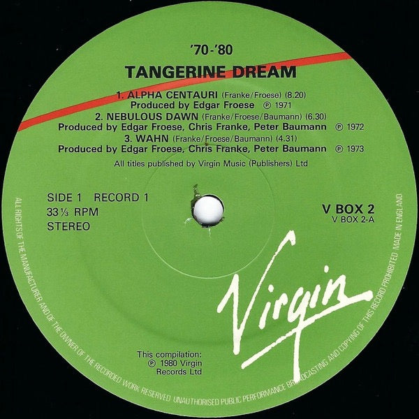 Image of Label Cover of 4xLP - G+/VG - TANGERINE DREAM, Tangerine Dream '70 - '80 (Virgin; V BOX 2, UK 1980, Box Set, Booklet), Hairlines all over discs. Creasing to booklet, rusted staples causing stains. 2 hype stickers on box. Large split to back of box, edge wear, discolouration, corners split, laminate creasing. ,  - 4146191S
