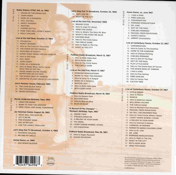Image of Back Cover of 5xCD - M/M - JONI MITCHELL, Archives Volume 1 (The Early Years (1963-1967)) (Rhino Records; R2 604555, Europe 2020, Box Set), SEALED,  - 4336042E
