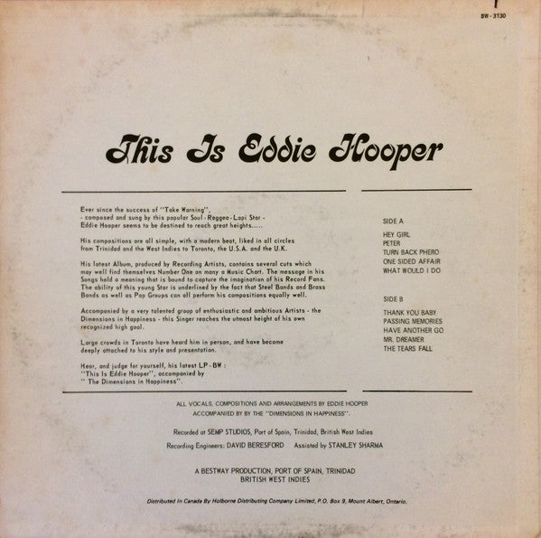 Image of Back Cover of LP - VG/VG - EDDIE HOOPER, This Is Eddie Hooper (Island Series; BW-3130, Canada 1970s, Pasteback Sleeve), ,  - 3345206S