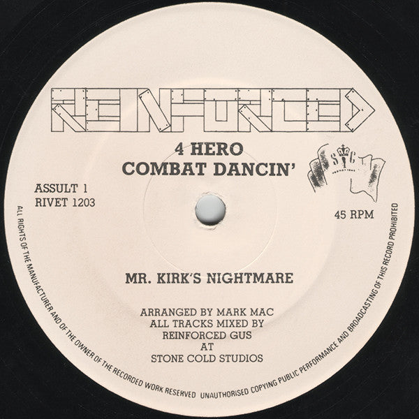 Image of Back Cover of 12" - VG/G+ - 4 HERO, Combat Dancin' (Reinforced; RIVET 1203, UK 1991, Company Sleeve), Close to VG light marks and hairlines only., A1 Mr. Kirk's NightmareB1 Move Wid The House GrooveB2 Combat Dance - 2616541C