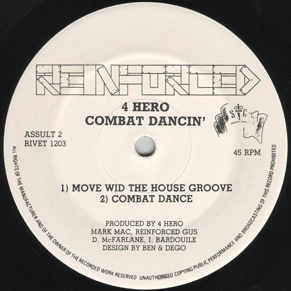 Image of Label Cover of 12" - VG/G+ - 4 HERO, Combat Dancin' (Reinforced; RIVET 1203, UK 1991, Company Sleeve), Close to VG light marks and hairlines only., A1 Mr. Kirk's NightmareB1 Move Wid The House GrooveB2 Combat Dance - 2616541C