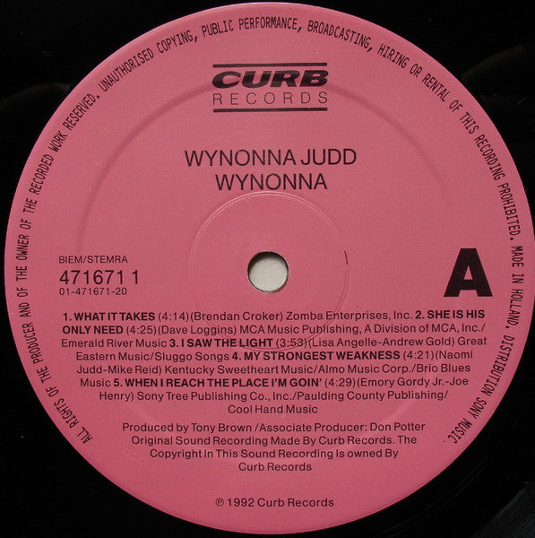 Image of Label Cover of 3315324C: LP - WYNONNA JUDD, Wynonna (Curb Records; 471671 1, Netherlands 1992) Promo stickered. Lovely vinyl but does have a tiny warp, light crease to bottom left of sleeve.  VG/VG+
