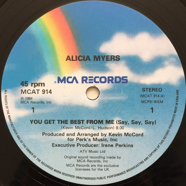 Image of Label Cover of 12" - VG+/VG+ - ALICIA MYERS, You Get The Best From Me (Say, Say, Say,) (MCA Records; MCAT 914, UK 1984, Picture Sleeve), ,  - 2446164S