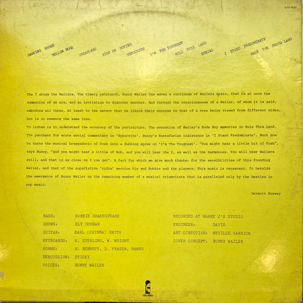 Image of Back Cover of LP - VG/G+ - BUNNY WAILER, Sings The Wailers (Island Records; ILPS 9629, UK 1981, Inner), Marks on disc. Plays above grade. Light ringwear on sleeve.,  - 2626190E