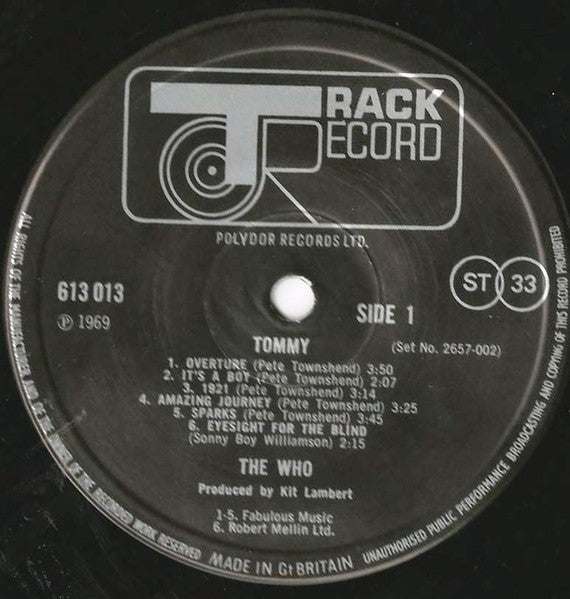 Image of Label Cover of 2xLP - VG/VG+ - THE WHO, Tommy (Track Record; 2657 002, UK 1970s Reissue, Gatefold, Unumbered Booklet, Howards Printers (Slough) Ltd, England), ,  - 3116201C