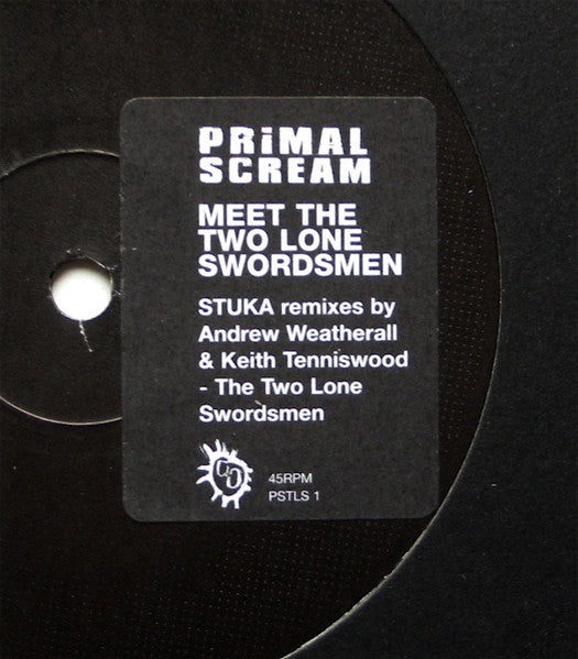 Image of Label Cover of 12" - VG+/VG+ - PRIMAL SCREAM MEET THE TWO LONE SWORDSMEN, Stuka (Two Lone Swordsmen Mix) (Creation Records; PSTLS 1, UK 1997, Stickered Die Cut Sleeve, Ltd to 3000, Andrew Weatherall), ,  - 2926211E