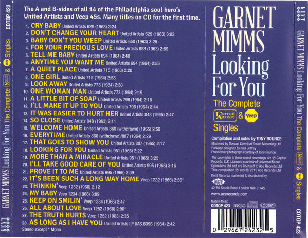 Image of Back Cover of CD - VG+/VG+ - GARNET MIMMS, Looking For You The Complete United Artists & Veep Singles (Kent Soul; CDTOP 423, UK 2015, Jewel Case), ,  - 3335245E