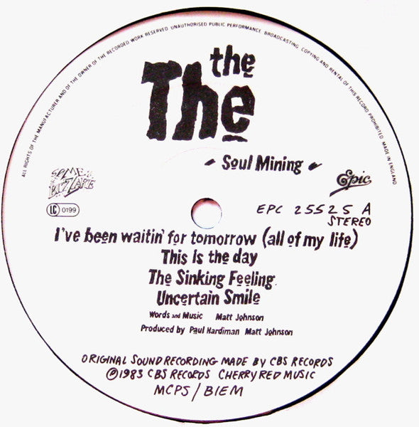 Image of Label of 3914007C: 2xLP - THE THE, Soul Mining (Epic; EPC 25525, Some Bizzare    EPC 25525, Epic    XPR 1250, UK 1983, 2 Inners, With 12") LP has a few hairline marks only, 12" has many hairlines but nothing deep, Both discs are glossy, Sleeve has a patch of light staining and edge wear  VG/VG