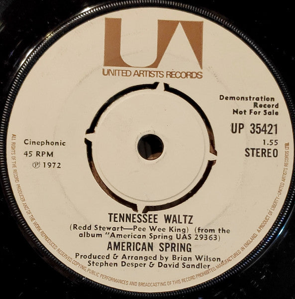 Image of Back Cover of 7" - VG+/EX - AMERICAN SPRING, Mama Said / Tennessee Waltz (United Artists Records; UP 35.421, UK 1972, A Label Demo, Company Sleeve), ,  - 3325357E