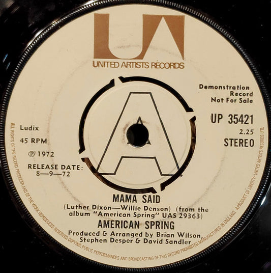 Image of Front Cover of 3325357E: 7" - AMERICAN SPRING, Mama Said / Tennessee Waltz (United Artists Records; UP 35.421, UK 1972, A Label Demo, Company Sleeve)   VG+/EX
