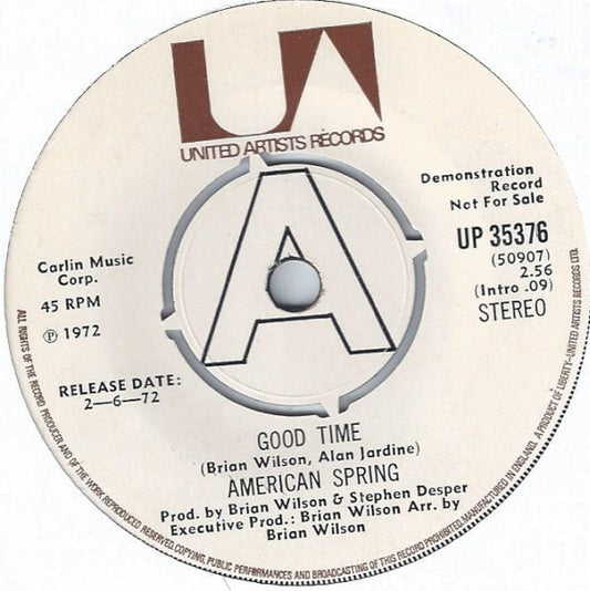 Image of Front Cover of 7" - VG/VG+ - AMERICAN SPRING, Good Time / Sweet Mountain (United Artists Records; UP 35376, UK 1972, A Label Demo, Company Sleeve, Produced / Co-Written By Brian Wilson), Very Strong VG+, Sticker Damage To Sleeve,  - 3325401E