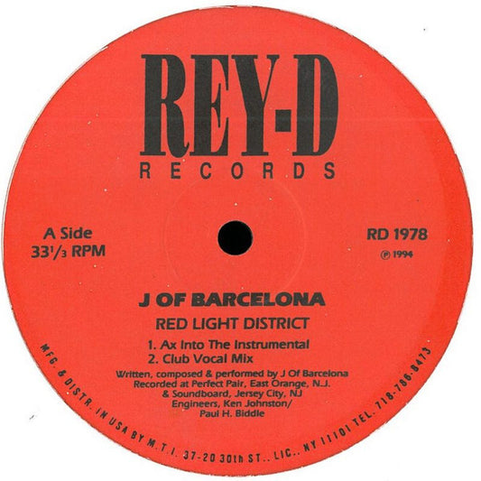 Image of Front Cover of 3415021C: 12" - J OF BARCELONA, Red Light District (Rey-D Records; RD 1978, US 1994) Minor hairlines  /VG