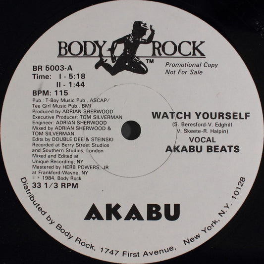 Image of Front Cover of 3425429E: 12" - AKABU, Watch Yourself (Body Rock ; BR 5003, US 1984, Die Cut Company Sleeve) original company sleeve. promo copy  VG/VG+