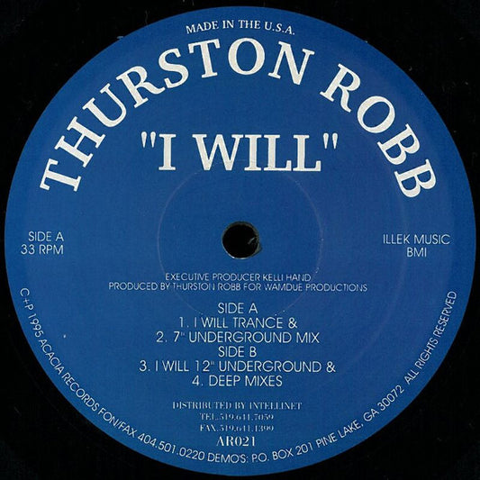 Image of Front Cover of 12" - /VG - THURSTON ROBB, I Will (Acacia Records; AR021, US 1995), Minor scuffs and hairlines, A1		I Will (Trance Mix)A2		I Will (7" Underground Mix)	B1		I Will (12" Underground Mix)	B2		I Will (Deep Mix)	 - 3415131C