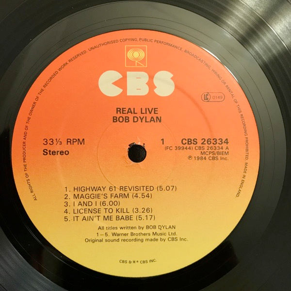 Image of Label Cover of 4413187C: LP - BOB DYLAN, Real Live (CBS; 26334, UK 1984, Inner)   VG/VG