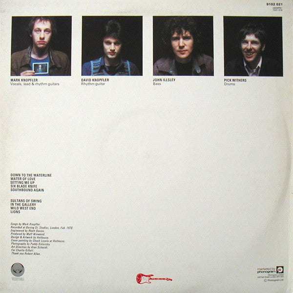 Image of Back Cover of LP - G+/G - DIRE STRAITS, Dire Straits (Vertigo; 9102 021, UK 1978, Inner, Label address on rear, alternative sans serif font on labels), Water damage to rear sleeve, Lots of light marks,  - 3916204C