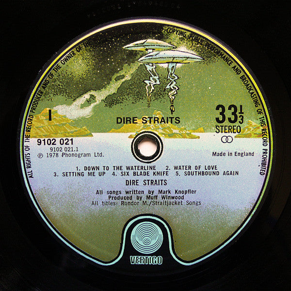 Image of Label Cover of LP - G+/G - DIRE STRAITS, Dire Straits (Vertigo; 9102 021, UK 1978, Inner, Label address on rear, alternative sans serif font on labels), Water damage to rear sleeve, Lots of light marks,  - 3916204C