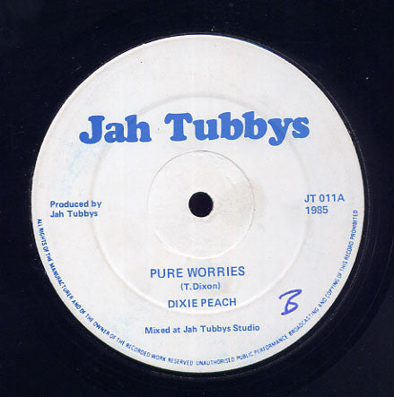 Image of Front Cover of 12" - /G+ - DIXIE PEACH, Pure Worries / Just Worries (Jah Tubbys; JT 011, UK 1985, Plain Sleeve), Record is marked but plays with only light surface noise. Slight edge warp which does not affect play.,  - 4316128C