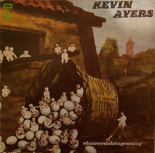 Image of Front Cover of 3425187E: LP - KEVIN AYERS, Whatevershebringswesing (Harvest Green, Gramophone Co On Rim, No EMI Box, ; SHVL 800, UK 1972, Textured Gatefold Sleeve, Company Inner, First pressing) Lots of hairlines on the disc but plays great with some background noise in places. Gatefold sleeve has edgewear.   VG/G+