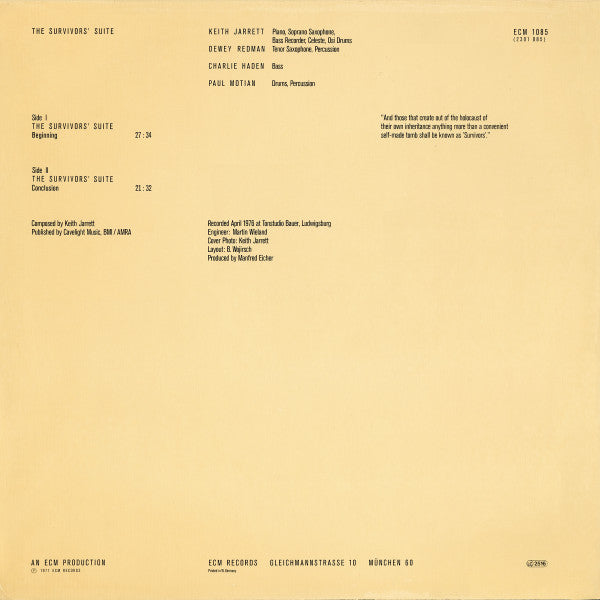 Image of Back Cover of LP - VG/VG - KEITH JARRETT, The Survivors' Suite (ECM Records; ECM 1085, Germany 1977, Glossy Sleeve, Stereo), ,  - 1326283E