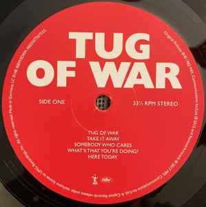 Image of Label Cover of 12" - VG+/VG+ - PAUL MCCARTNEY, Tug Of War (MPL; 0602557567533, Worldwide 2017 Reissue, Gatefold, Inner, 180 Gram Audiophile Pressing), Hairlines to side one.  Slight cornerwear, no barcode sticker., Remixed 2015 by Steve Orchard and Paul McCartney - 3525022E
