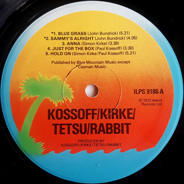 Image of Label Cover of LP - VG/G+ - KOSSOFF/KIRKE/TETSU/RABBIT*, Kossoff/Kirke/Tetsu/Rabbit (Island Records; ILPS 9188, UK 1975 Reissue, Gatefold), Hairlines across both sides of record, some surface noise. Edgewear and ringwear to sleeve.,  - 3525029E