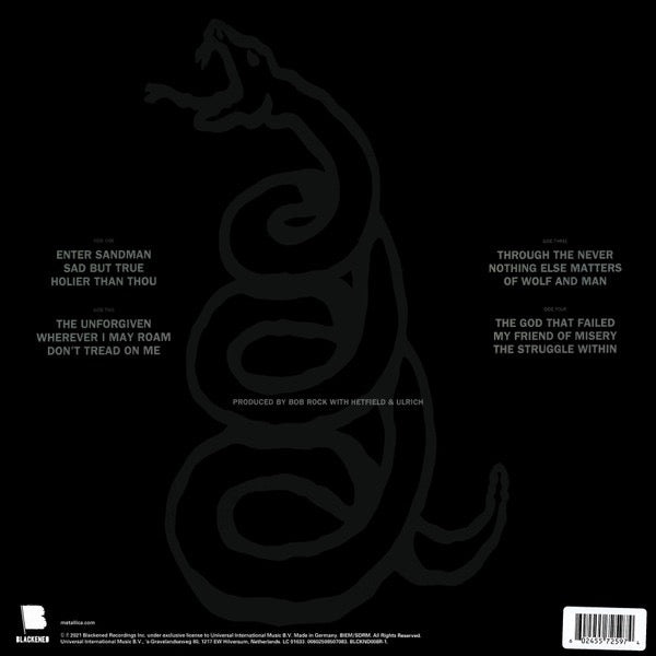 Image of Back Cover of 2xLP - VG+/EX - METALLICA, Metallica (Blackened; BLCKND008R-1U, Europe 2024 Reissue, Insert, Clear with Black Marble Vinyl), ,  - 3626471E