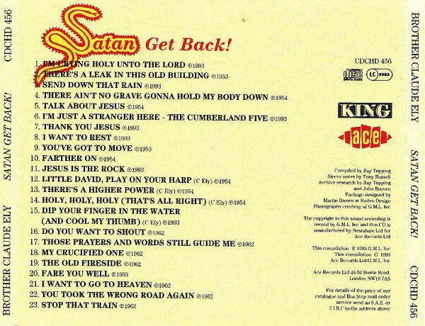Image of Back Cover of 3555092S: CD - BROTHER CLAUDE ELY, Satan Get Back! (Ace; CDCHD 456, UK 1993)   VG+/VG+