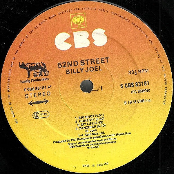 Image of Label Cover of LP - VG/VG+ - BILLY JOEL, 52nd Street (CBS Family Productions Logo, Label Code; CBS 83181, UK 1978, Label Code Sleeve, Light Card Inner), ,  - 2816316C