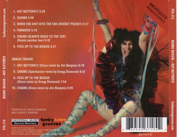 Image of Back Cover of 3535057E: CD - BIONIC BOOGIE, GREGG DIAMOND, Hot Butterfly (Funkytowngrooves; FTG-215, US 2010, Jewel Case)   VG+/VG+