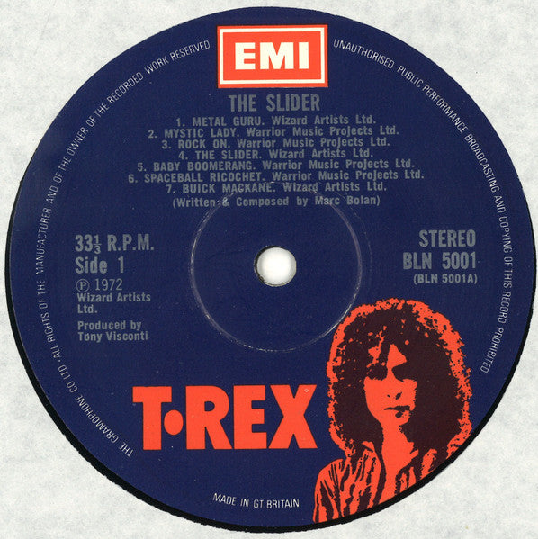 Image of Label Cover of LP - VG/F - T. REX, The Slider (T. Rex; BLN 5001, UK 1972, Inner, No 'T.REX' Under Tracklist on Labels), Edge wear and ring wear, Disc covered in hairlines, Plays OK. ,  - 2716095C