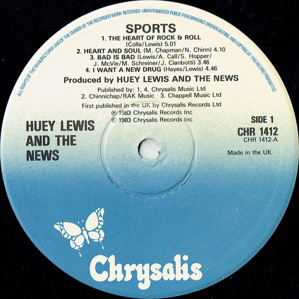 Image of Label Cover of LP - VG/VG+ - HUEY LEWIS AND THE NEWS, Sports (Chrysalis; CHR 1412, UK 1983, No Inner), ,  - 3116458C