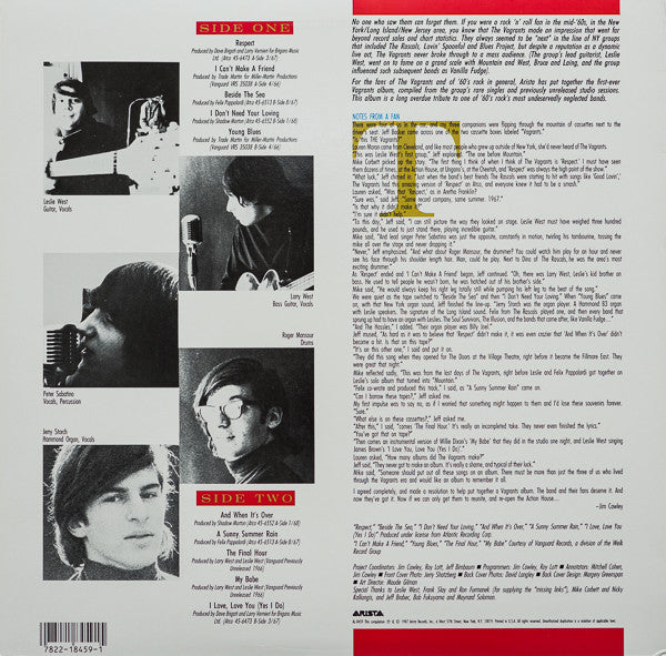 Image of Back Cover of LP - VG+/VG+ - THE VAGRANTS, The Great Lost Album (Arista; AL-8459, US 1987, Hauppauge Press), Strong VG+,  - 3826153E