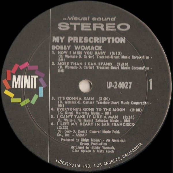 Image of Back Cover of 0115264C: LP - BOBBY WOMACK, My Prescription (Minit; LP-24027, US 1970, Stereo) Corner cut on sleeve. Sticker glue stain on front. Edge and corner wear; small area on spine damaged  VG/G+