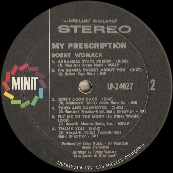 Image of Label Cover of 0115264C: LP - BOBBY WOMACK, My Prescription (Minit; LP-24027, US 1970, Stereo) Corner cut on sleeve. Sticker glue stain on front. Edge and corner wear; small area on spine damaged  VG/G+