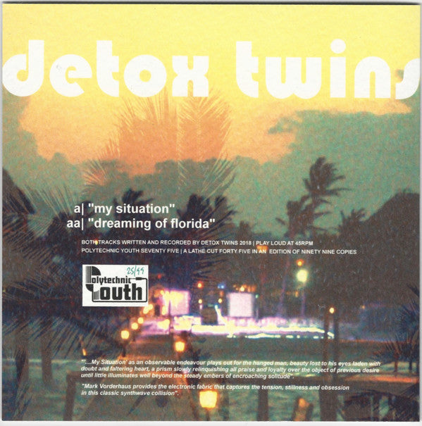 Image of Back Cover of 7" - EX/EX - THE DETOX TWINS, My Situation / Dreaming Of Florida (Polytechnic Youth ; PY75, UK 2018, Textured Fold Over Sleeve, Sticker, Clear Vinyl, Lathe Cut), Limited Edition No 49/99,  - 3525293E