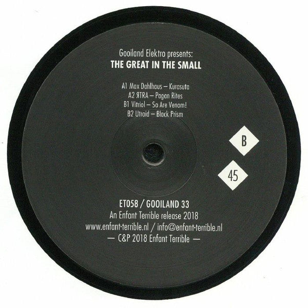 Image of Label Cover of 12" - VG+/VG+ - VARIOUS, The Great In The Small (Gooiland Elektro; Gooiland 33, Netherlands 2018, Picture Sleeve, Insert), , A1	Max Dahlhaus KurasutaA2	 TRA Pagan RitesB1	Vitriol 	So Are Venom!B2	Utroid 	Black Prism - 3545194S