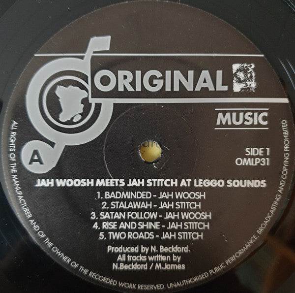 Image of Label Cover of LP - VG/VG+ - JAH WOOSH MEETS JAH STITCH, At Leggo Sounds (Original Music; OMLP31, UK 1980s), Storage warp nap. Light wear on sleeve.,  - 3515352C
