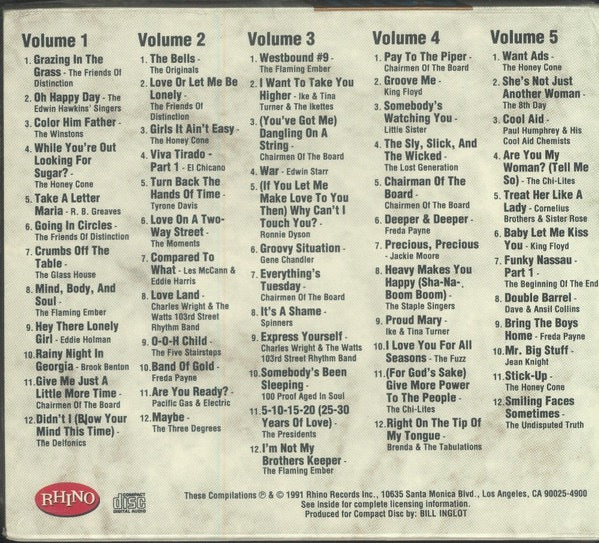 Image of Back Cover of 3515333C: 5xCD - VARIOUS, Soul Hits Of The '70s - Didn't It Blow Your Mind Vol. 1 - Vol. 5 (Rhino Records; R2 72028, US 1991, Card Slipcase with Jewel Case inside) Shelf Wear to Outer Sleeve.  G/VG+