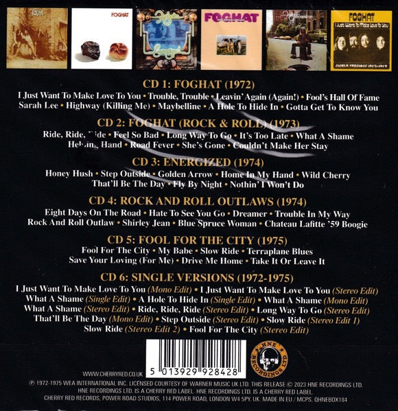Image of Back Cover of 6xCD - VG+/VG+ - FOGHAT, Road Fever - The Complete Bearsville Recordings - 1972-1975 (HNE Recordings Ltd; OHNEBOX184, UK 2023, Box Set, Booklet), Nice copy showing minimal sign of use.,  - 3615150C