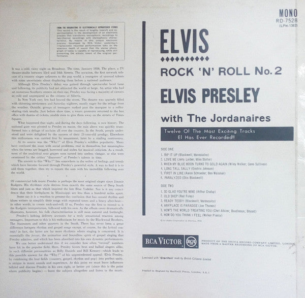 Image of Back Cover of 3615166C: LP - ELVIS PRESLEY, Elvis Rock 'N' Roll No.2 (RCA Victor; RD 7528, UK 1971 Reissue, Laminated Front Sleeve, Mono)   VG/VG+