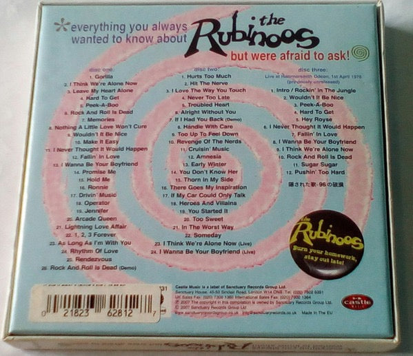 Image of Back Cover of 3xCD - VG+/VG+ - THE RUBINOOS, Everything You Always Wanted To Know About The Rubinoos But Were Afraid To Ask! (Castle Music; CMETD 1431, UK 2007, Box Set, Booklet), ,  - 3635083E