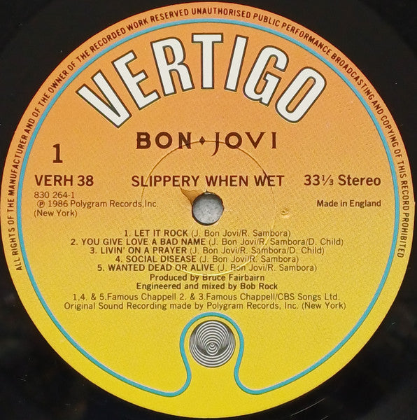Image of Label Cover of LP - VG/VG - BON JOVI, Slippery When Wet (Vertigo; VERH 38, UK 1986, Inner, No Lacquer Cut Detail In Matrix), ,  - 4326044E
