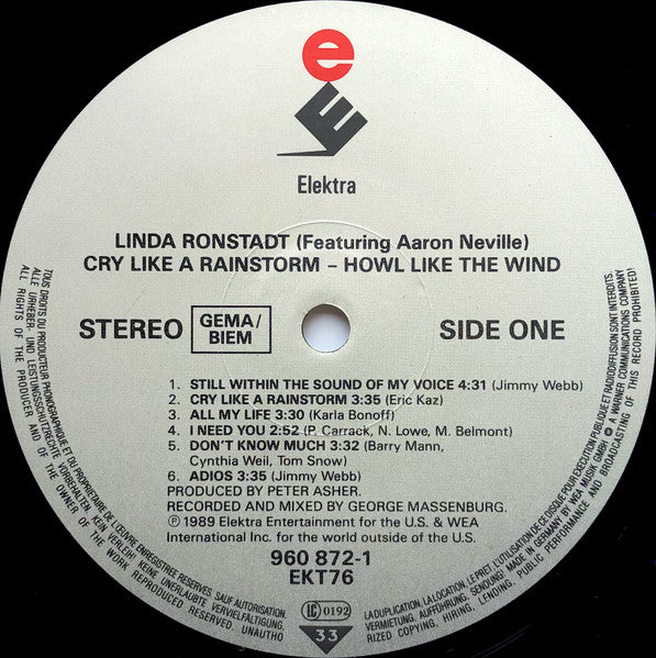 Image of Label Cover of LP - VG+/VG+ - LINDA RONSTADT FEATURING AARON NEVILLE, Cry Like A Rainstorm - Howl Like The Wind (Elektra; 960 872-1, UK 1989, Inner, No "GB Only" Text On Labels), Light edge wear, promo sticker on rear.,  - 3615213C