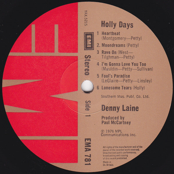 Image of Label Cover of LP - VG/VG - DENNY LAINE, Holly Days (EMI; EMA 781, UK 1977, Inner), Strong VG,  - 3615132C