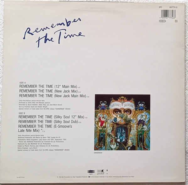 Image of Back Cover of 12" - G+/G+ - MICHAEL JACKSON, Remember The Time (Epic; EPC 657774 6, Netherlands 1992, Glossy Sleeve), Sleeve has small rip / damage at opening; sticker ghost and damage on front; light staining on reverse,  - 4016488C