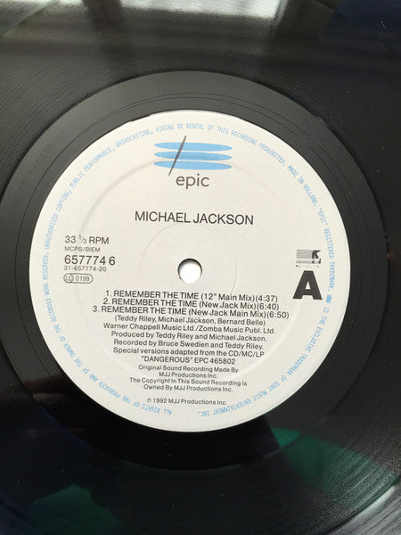 Image of Label Cover of 12" - G+/G+ - MICHAEL JACKSON, Remember The Time (Epic; EPC 657774 6, Netherlands 1992, Glossy Sleeve), Sleeve has small rip / damage at opening; sticker ghost and damage on front; light staining on reverse,  - 4016488C