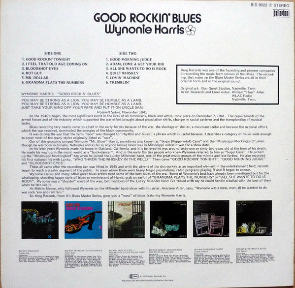 Image of Back Cover of 3615385C: LP - WYNONIE HARRIS, Good Rockin' Blues (Bellaphon; BID 8022, Germany 1976 Reissue) Record very slightly warped. Sleeve lightly worn and has sticker ghost on reverse  VG/VG